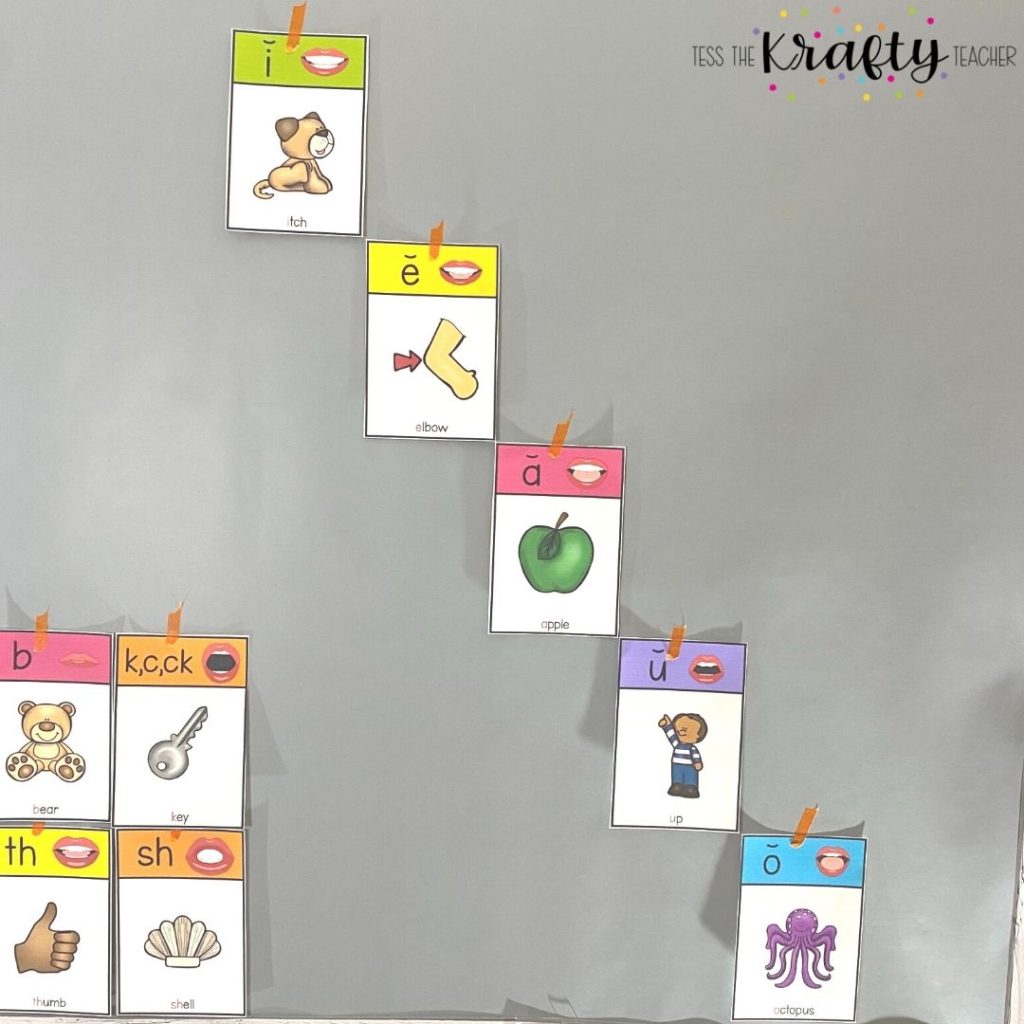 short vowel cards arranged on sound walls for phonics instruction